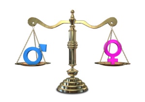 A gold justice scale with the two different gender symbols on either side balancing each other out
